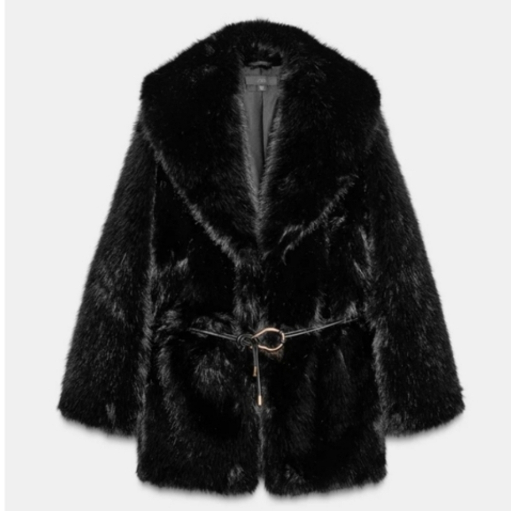 Zara FAUX FUR COAT WITH BELT BLACK - Picture 14 of 16